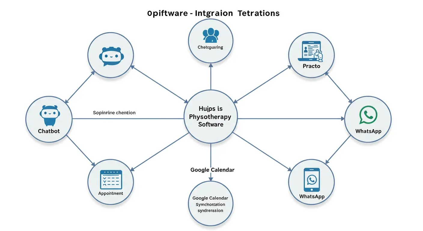 AIChatBot integrations diagram showing clinic management, calendar, telehealth, WhatsApp, Razorpay